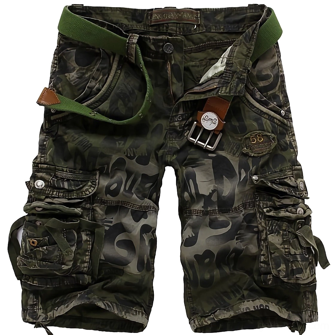 Army green camouflage cargo shorts for men featuring embroidered badge detail and green tactical belt