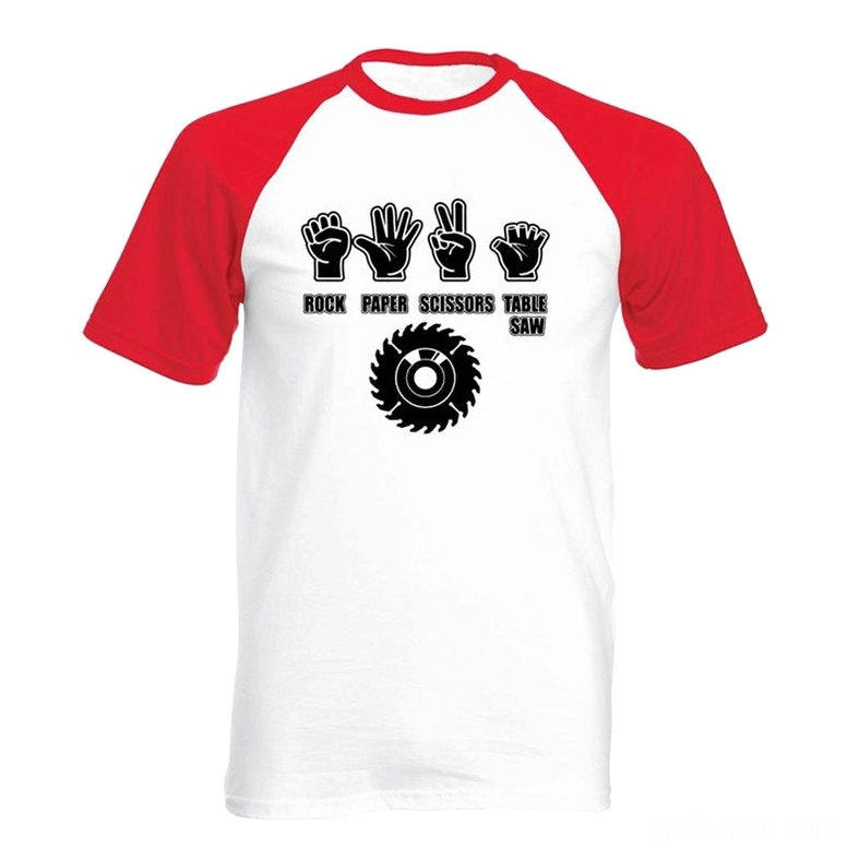 Men's alternative graphic raglan tee with dark humor print, white body, red sleeves, sharp black table saw design