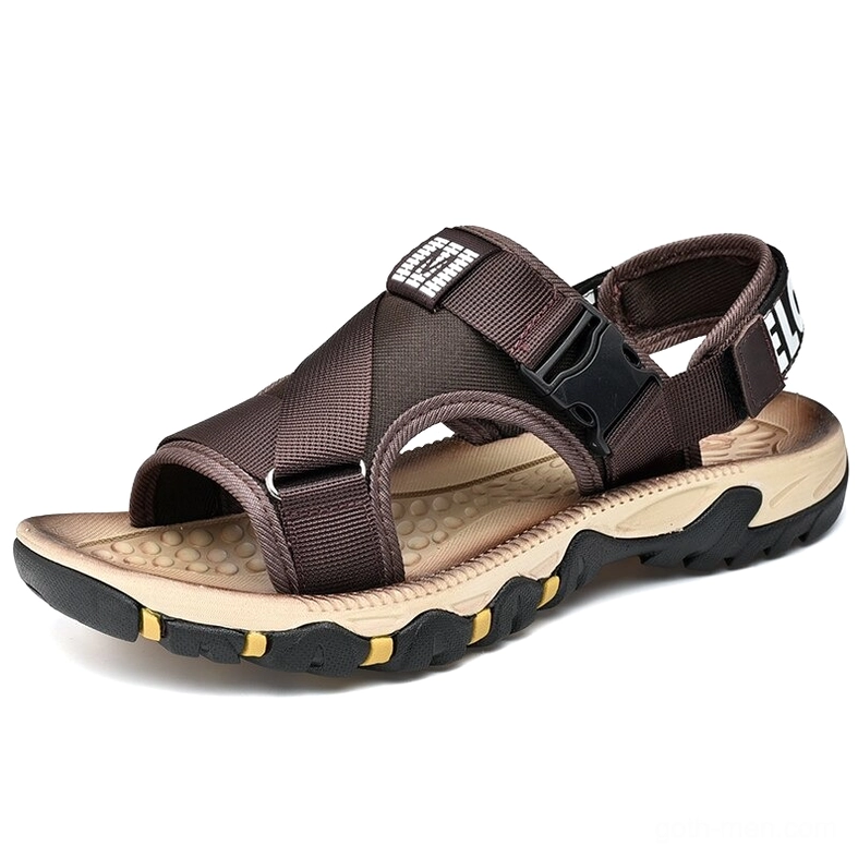Men's gothic sandals with dark brown cross straps and textured EVA massage insole
