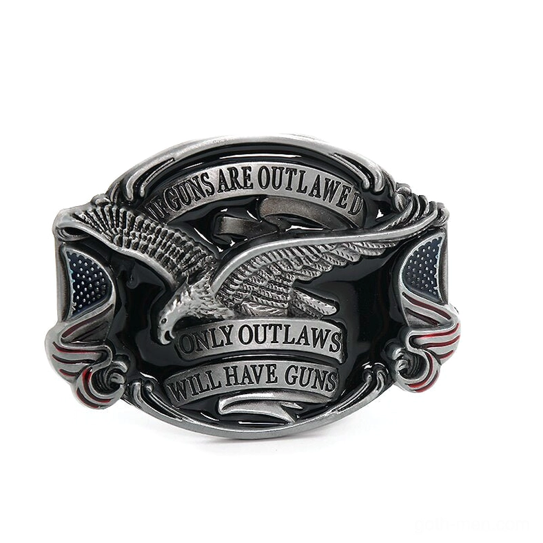 US flag inspired eagle gothic belt buckle with red and white decorative edges and antique silver base