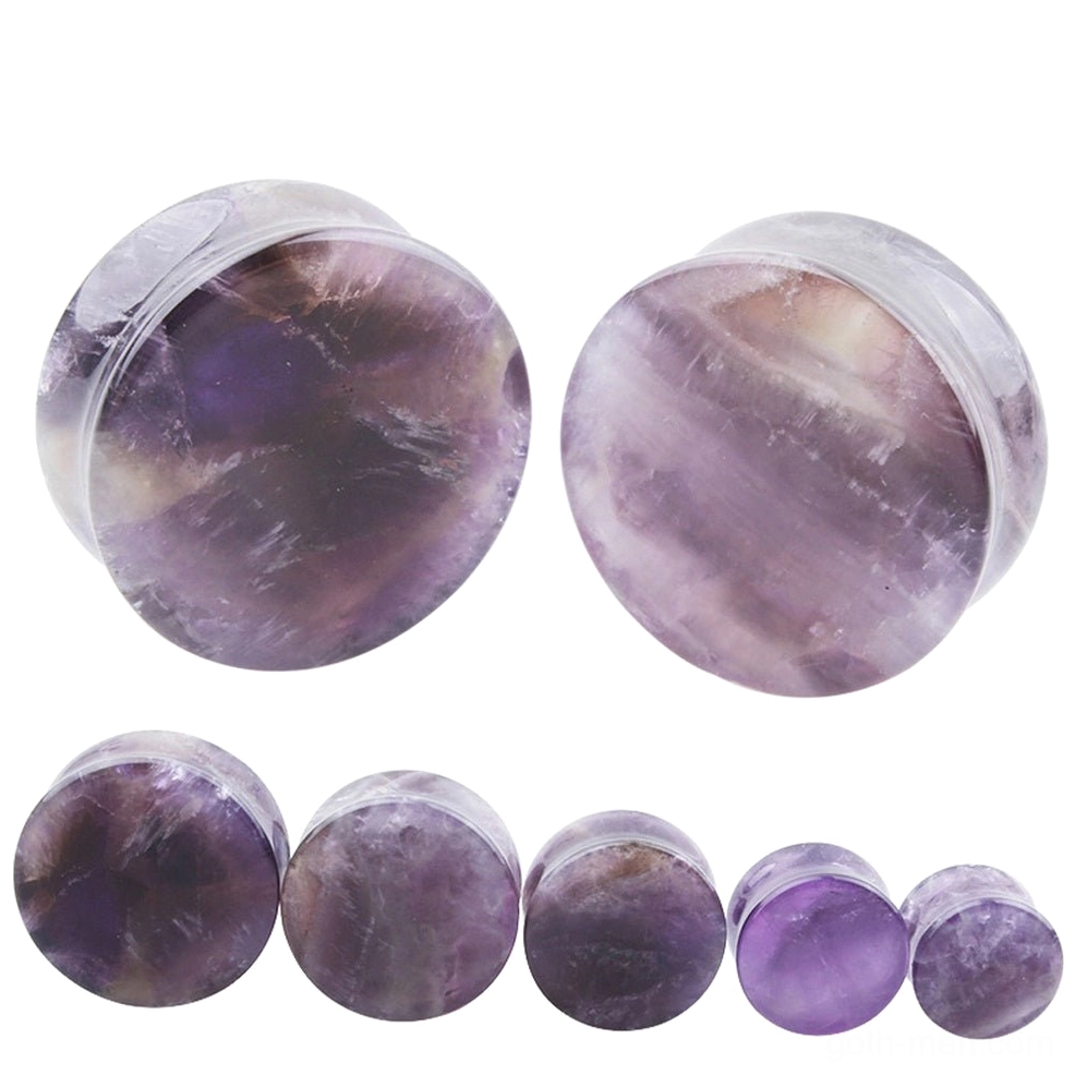 Light purple matte amethyst solid ear flesh tunnel, side profile view showing smooth polished stone surface and natural veining