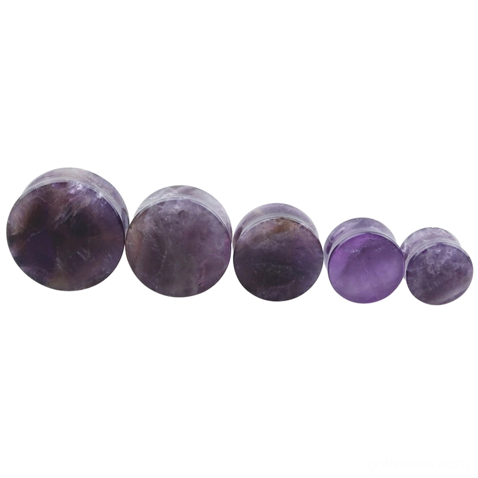 Rich purple veined amethyst ear gauge tunnel, front direct view revealing natural crystalline patterns and spiritual stone quality