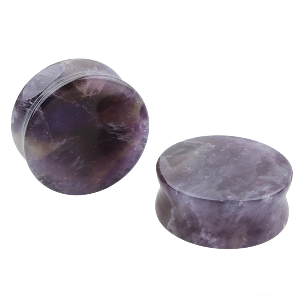 Dark purple marbled amethyst double-flared ear plug gauge, side oblique view showing natural stone texture and gothic aesthetic