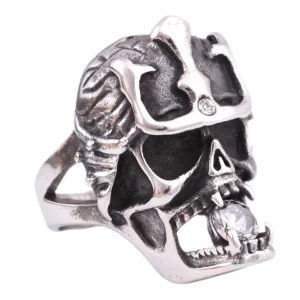 Anarchy skull crystal gothic ring stainless steel front oblique view detail