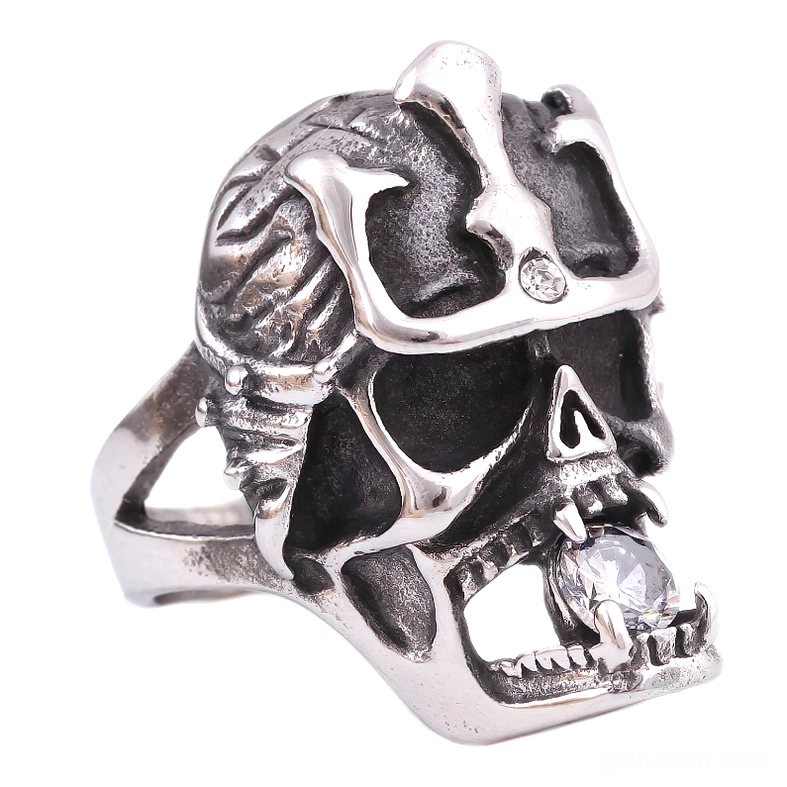 Anarchy skull crystal gothic ring stainless steel front oblique view detail