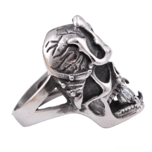 Gothic anarchy skull ring rear view with carved details and hollow band