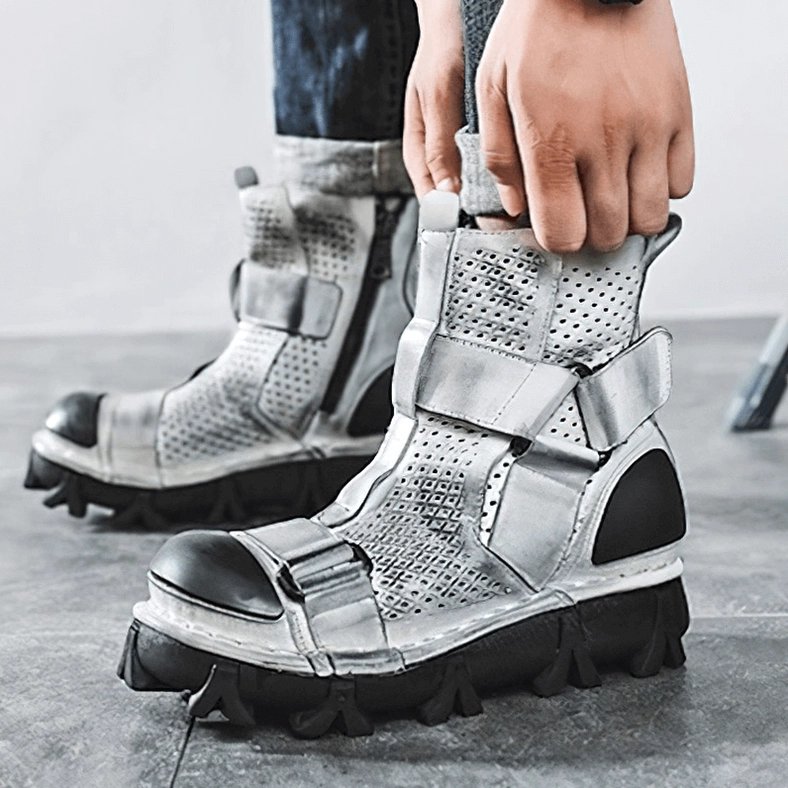 Ankle boot height and shaft fit demonstration on gothic punk boots for proper sizing reference