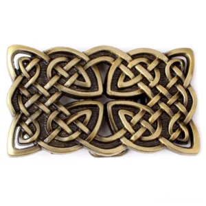 Antique bronze Celtic cross belt buckle with intricate knot design, flat lay perspective