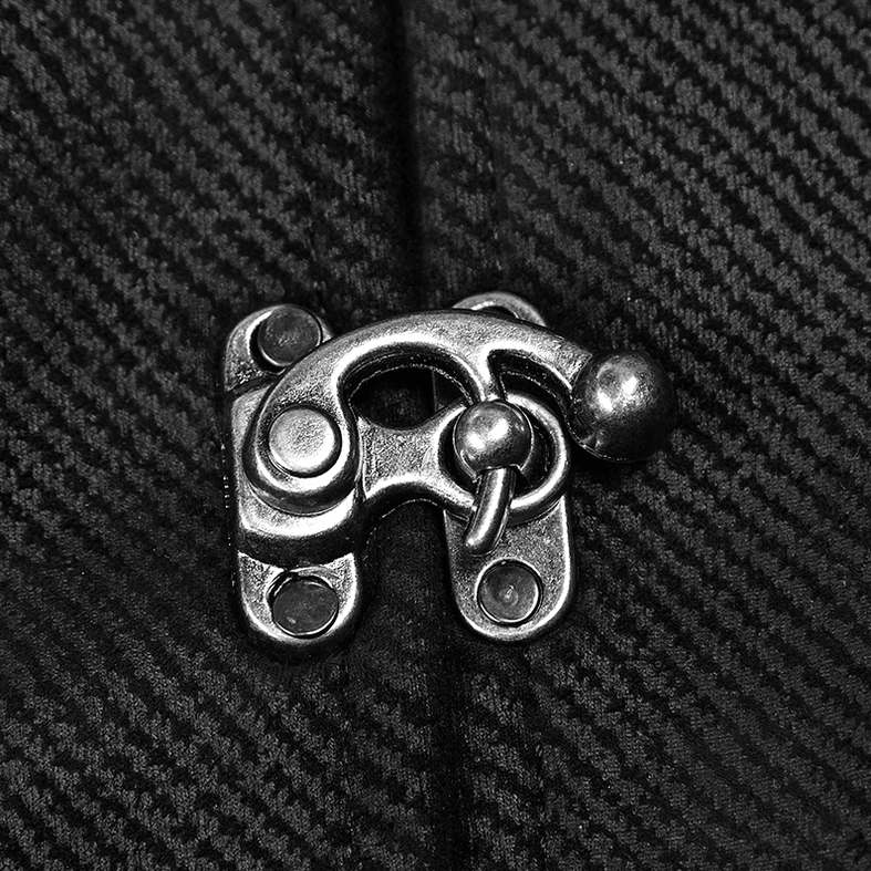 Macro close-up of antique silver metal claw clasp on black twill gothic waistcoat fabric