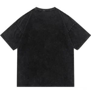 Back view of black anxiety graphic t-shirt showing solid washed cotton fabric