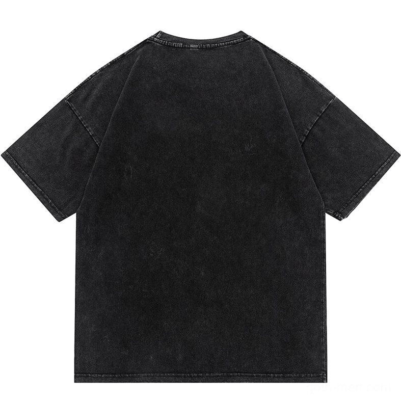 Back view of black anxiety graphic t-shirt showing solid washed cotton fabric