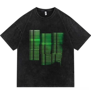 Black anxiety motion print gothic cotton t-shirt front view flat lay with green gradient text design