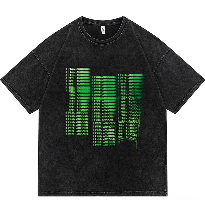 Black anxiety motion print gothic cotton t-shirt front view flat lay with green gradient text design