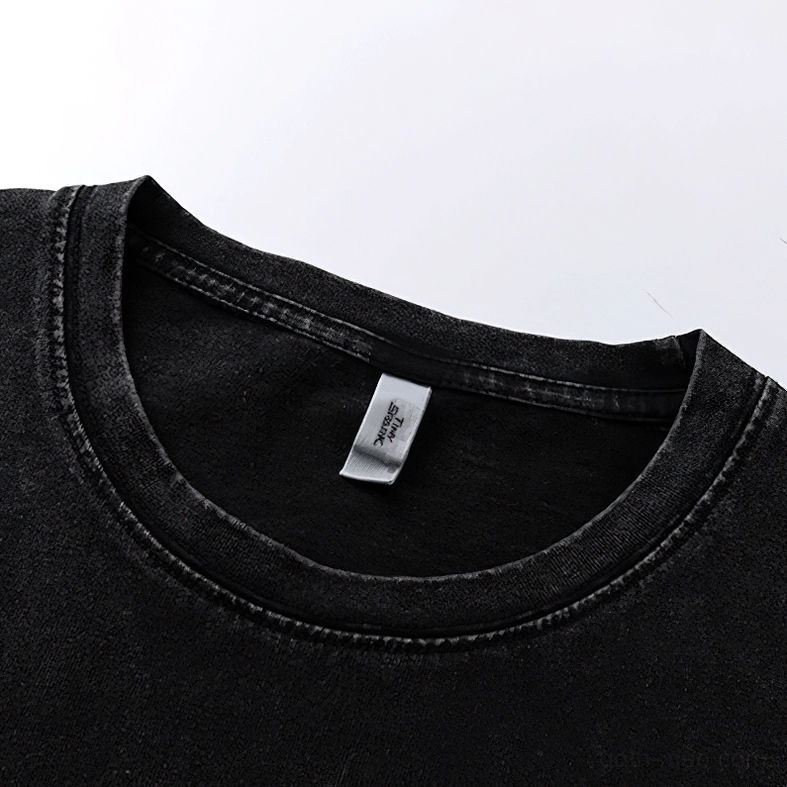 Close-up of crew neck collar and branded tag inside black anxiety print gothic t-shirt
