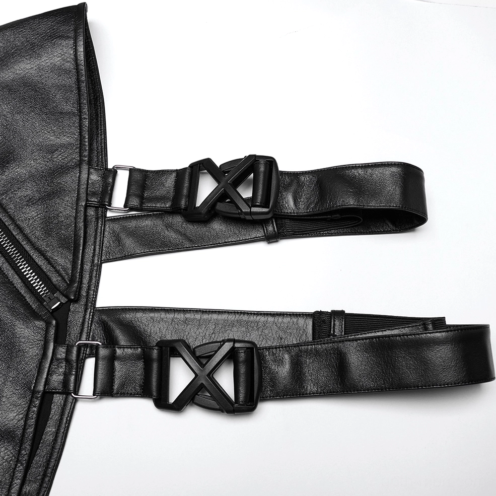 Flat lay close-up of cyberpunk shoulder armor fastening system featuring adjustable plastic buckles and webbing