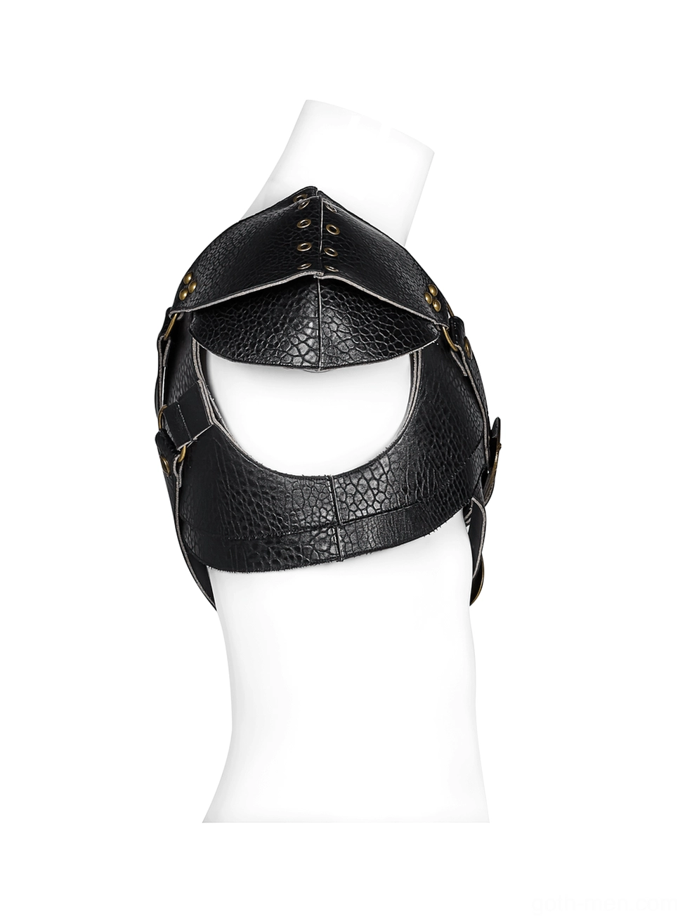 Close-up top-down view of gothic shoulder armor harness on torso form showing rivet details and metal rivets