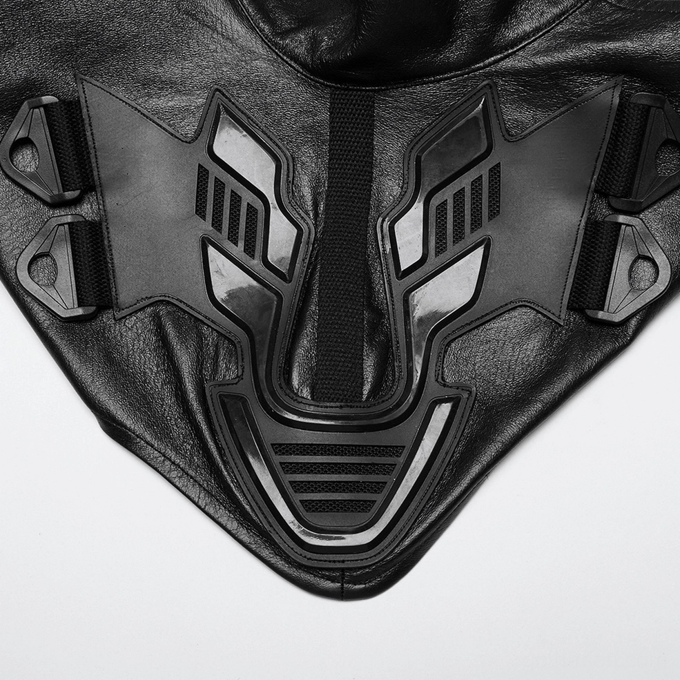 Close-up of cyberpunk armor front panel featuring futuristic geometric accents and buckle mount system