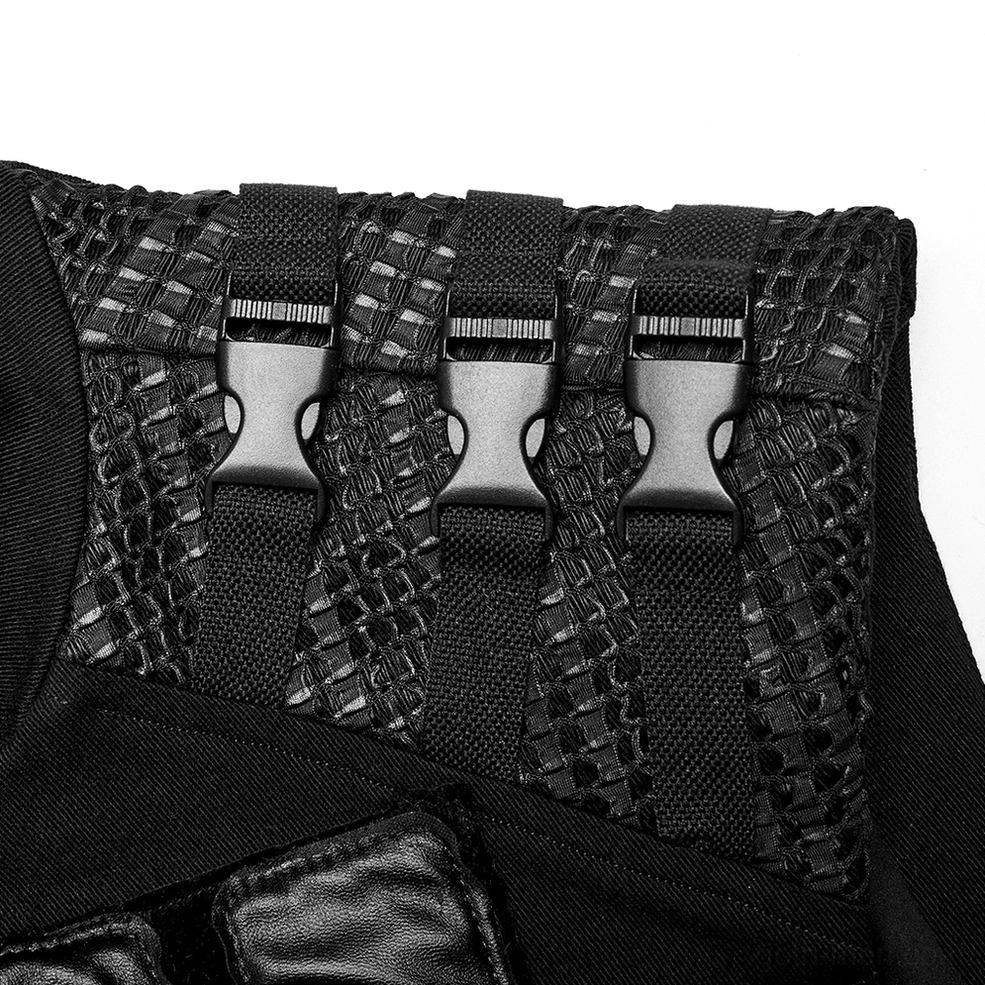 Close-up detail of black tactical armor vest shoulder pad with woven straps and metal buckle hardware