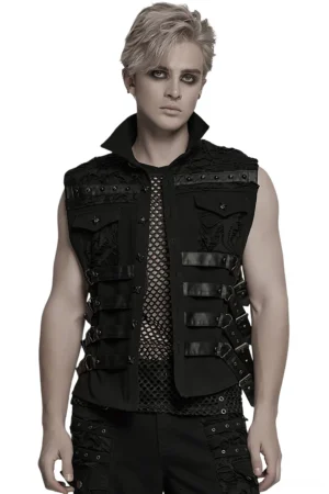 Armored cyberpunk gothic black vest front view on male goth model - distressed woven fabric with mesh underlay, leather buckle straps, and industrial details