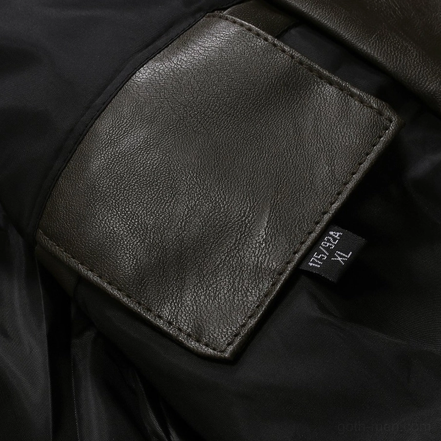 Army green gothic biker jacket collar detail with visible zipper and metal snap hardware
