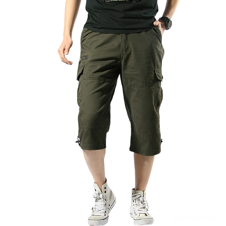 Men's army green cargo capri shorts front lower-body view with cargo side pockets