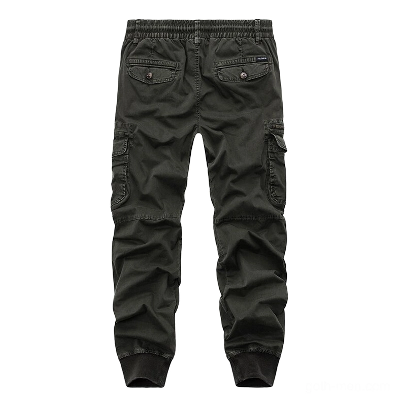 Army green gothic cargo pants rear flat lay view showing buttoned back pockets and wrinkled fabric