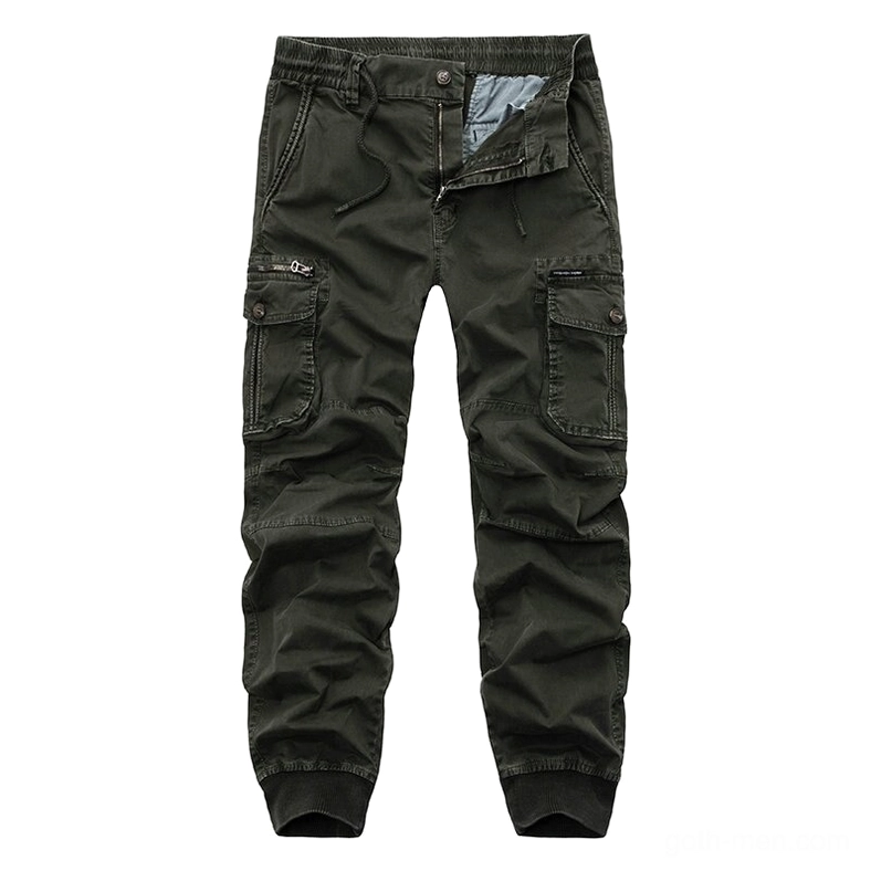 Army green tactical cargo pants flat lay with zippered side pocket and drawstring waist