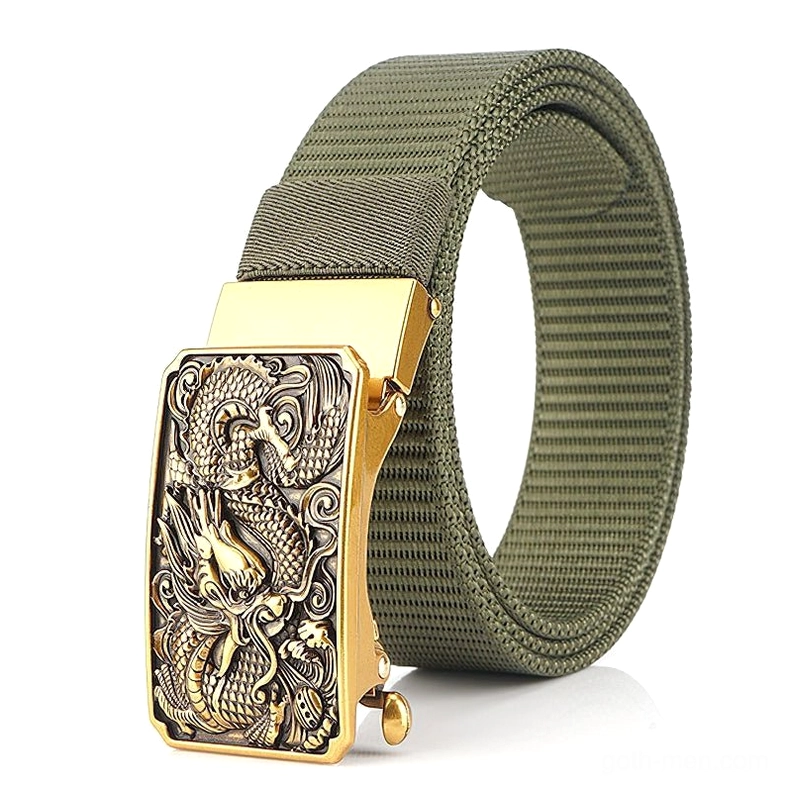 Army green nylon tactical belt with gold dragon zinc alloy buckle heavy-duty webbing construction
