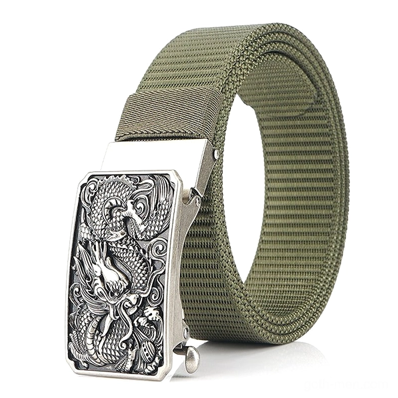 Army green gothic tactical belt with silver dragon embossed buckle heavy-duty nylon webbing military style