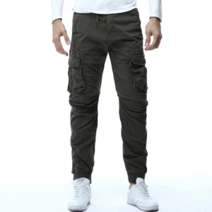Army green tactical cargo joggers front pose with multi-position pockets and elastic waist