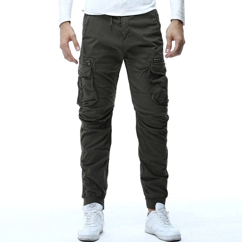 Army green tactical cargo joggers front pose with multi-position pockets and elastic waist