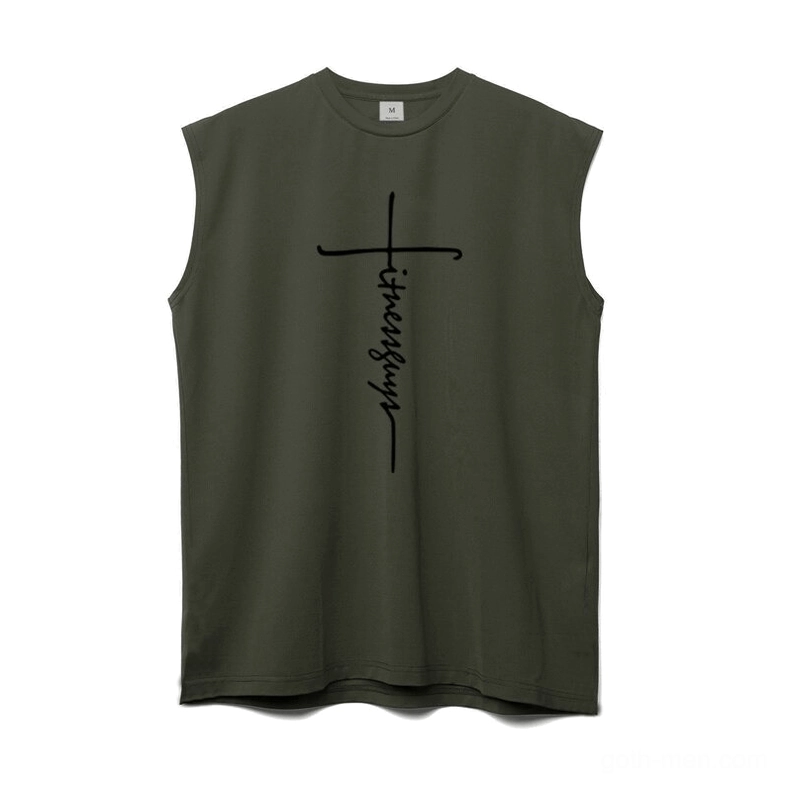 Army green gothic cross letter print sleeveless tank top flat lay, front detail view