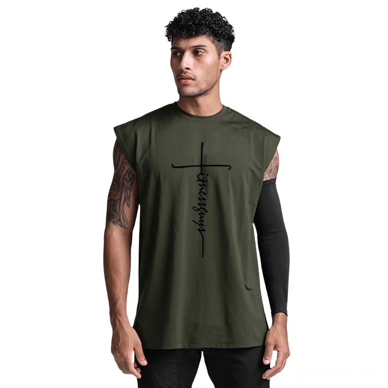 Army green gothic cross letter print sleeveless tank top worn by tattooed male model, front view