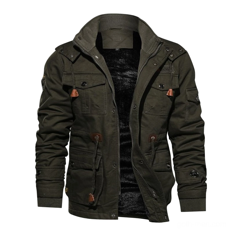Army green military-industrial fleece coat with zipper button closure and utility pockets front