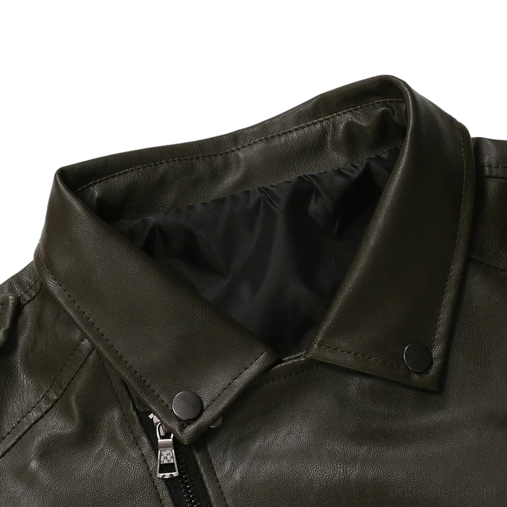 Army green gothic biker jacket front view with sleeve zipper cuffs and metal details