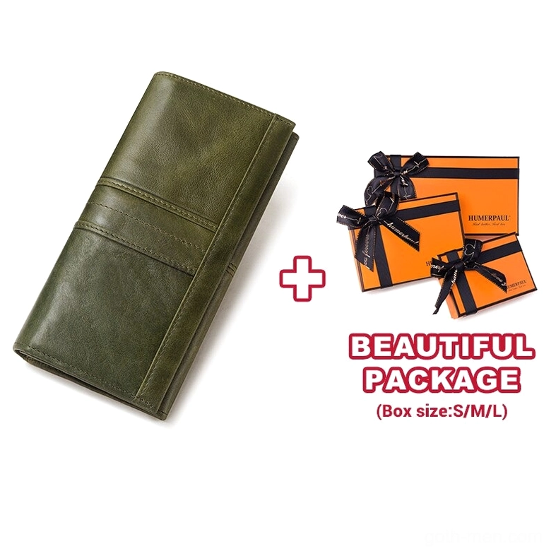 Army green cracked leather gothic long wallet with dual horizontal stripe design and luxury gift box presentation