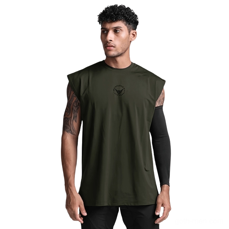 Army green gothic mesh tank top sleeveless shirt for men with chest print on model