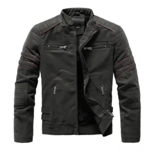 Army green stand collar PU leather biker jacket with fleece lining and quilted sleeves, gothic moto style front display
