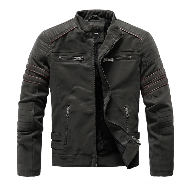 Army green stand collar PU leather biker jacket with fleece lining and quilted sleeves, gothic moto style front display