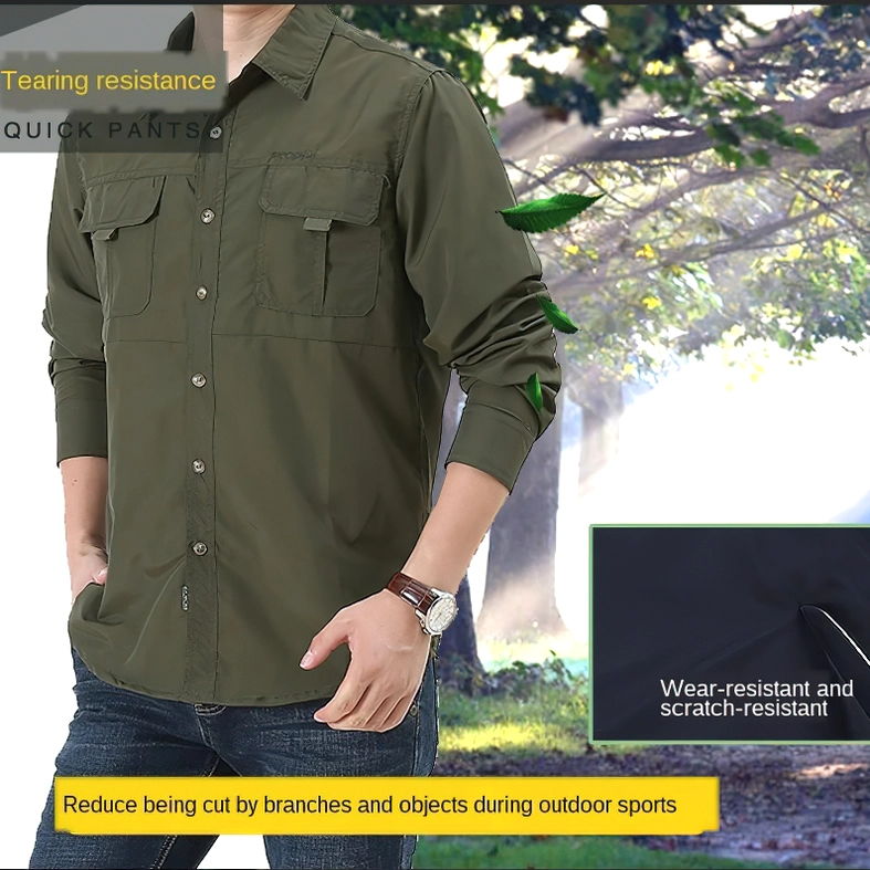 Army green gothic utility shirt worn in outdoor setting, demonstrating versatile styling with nature backdrop