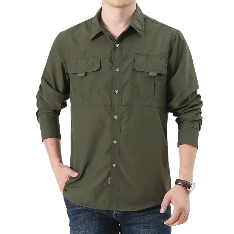 Army green gothic utility shirt front view, showcasing dark earth tone and minimalist design aesthetic