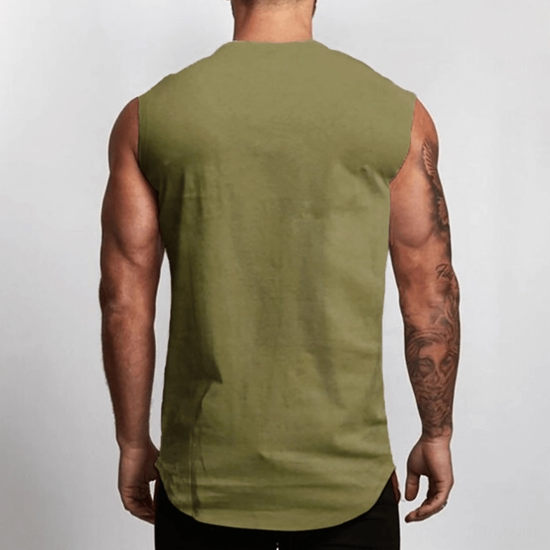Army green gothic tank top men's back view, sleeveless industrial style, rear facing
