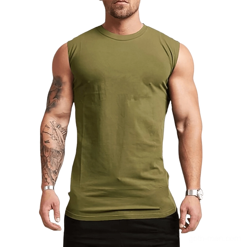 Army green gothic tank top men's sleeveless, industrial dark aesthetic, front view