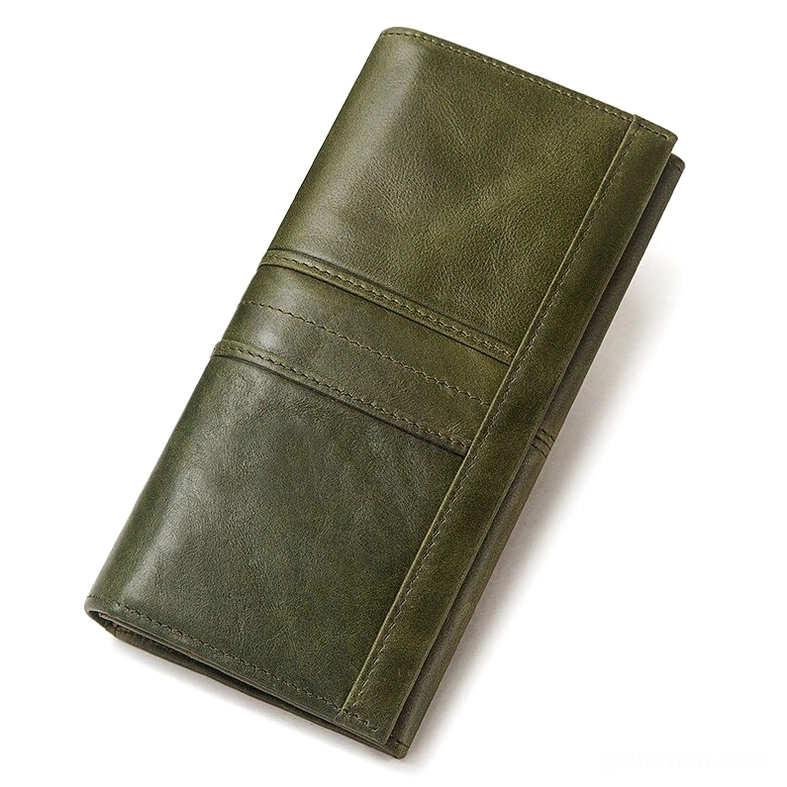 Army green cracked genuine leather gothic wallet clutch in side view, showing decorative horizontal stripes and structured profile
