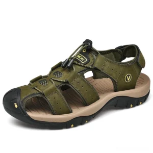 Army green genuine leather men's gothic sandals with buckle strap closure and geometric sewing details - three-quarter front view