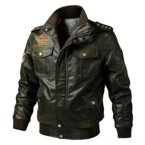 Army green military PU leather bomber jacket with embroidered patches and epaulets