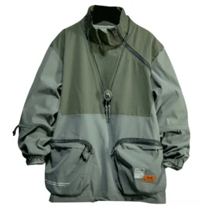 Army green patchwork stand collar techwear jacket with color-block design and cargo pockets - front view