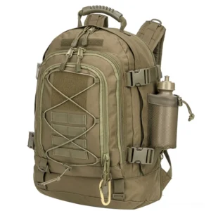 Army green darkwear tactical backpack with water bottle attachment pouches and padded shoulder straps