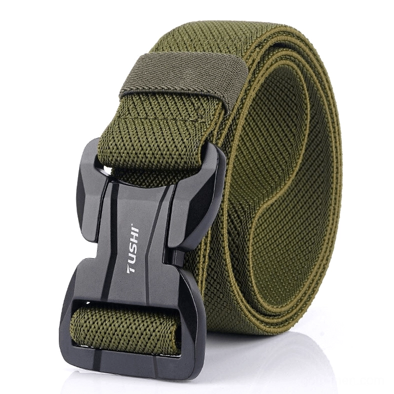 Army green outdoor tactical belt with black quick-release buckle, military-goth fusion style
