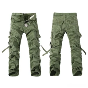 Army green tactical cargo trousers front and back flat view showing strategic pocket placement and belt loops